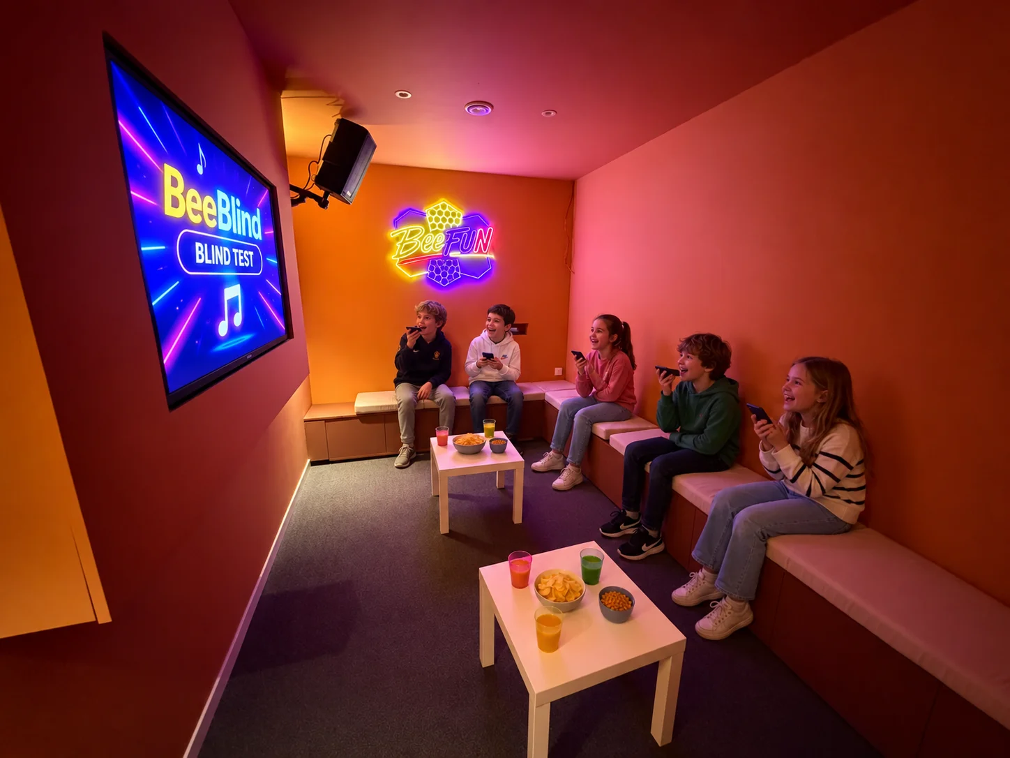 Un groupe participe à un blind test dans une salle de loisirs intérieure à Liège.