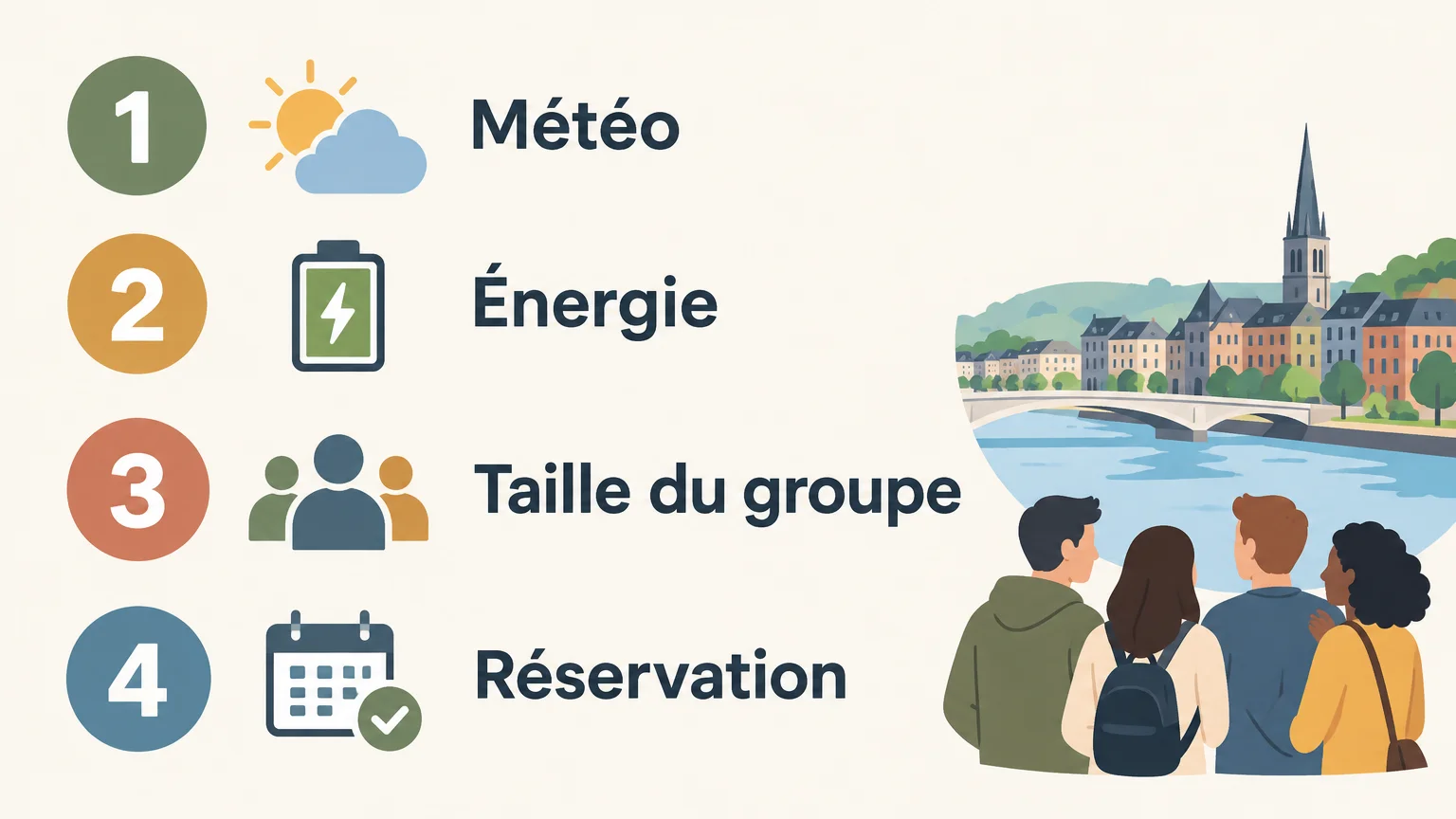 Infographie illustrée présentant quatre critères pour choisir une activité collective : météo, énergie, taille du groupe et réservation.