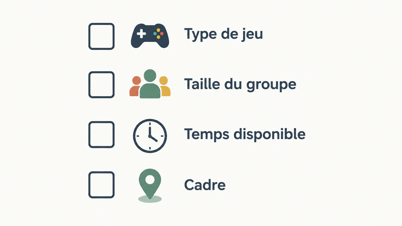 Infographie de vérification avec quatre critères : type de jeu, taille du groupe, temps disponible et cadre.